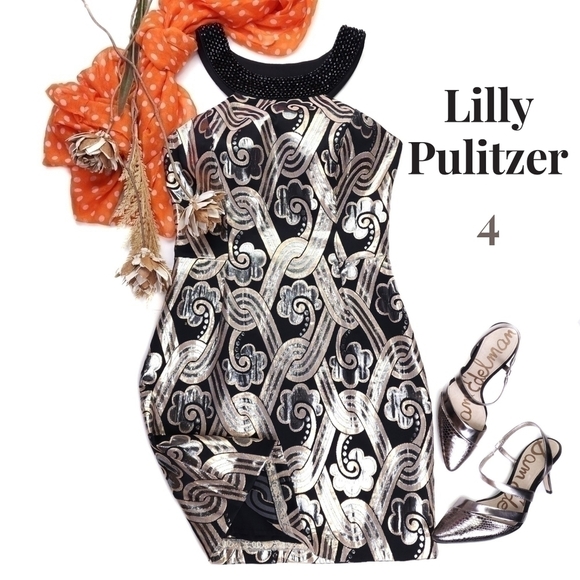 Lilly Pulitzer Dresses & Skirts - Lilly Pulitzer Black Gold Silver Beaded Halter Top Strappy Back Dress Sz…